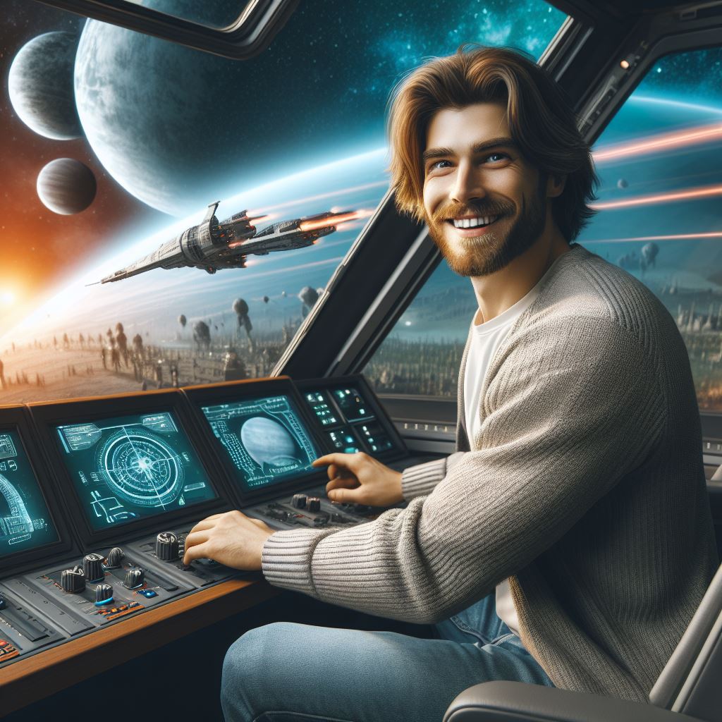 The Planetary Prankster smiling in a spaceship cockpit